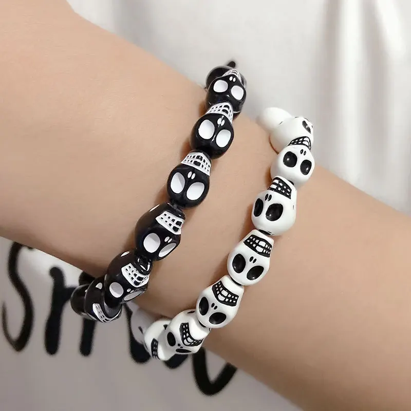 Punk Goth Skull Skeleton Bracelets for Women Men Hip Hop Elastic Beaded Bracelets Bangles Handmade Halloween Jewelry Gift