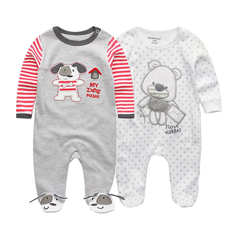 Kiddiezoom 2 Pcs Unisex 0-12Months Cartoon Long Sleeve Baby Boys Girl Romper 100%Cotton Soft Newborn Jumpsuit Infant Clothes