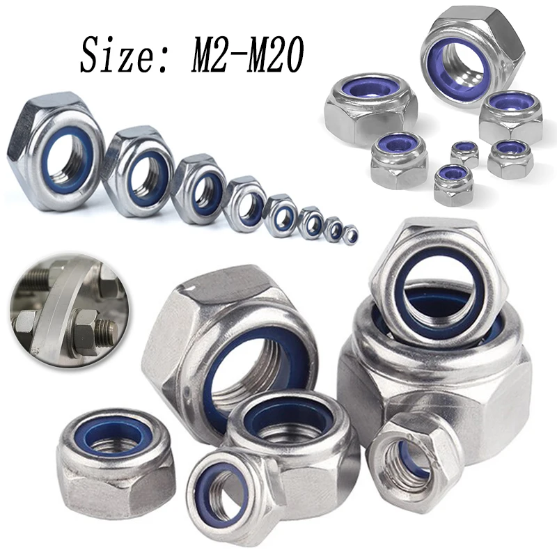 M2 M2,5 M3 M4 M5 M6 M8 M10 M12 M14 M16 M18 M20 304 Edelstahl Sechskant-Nyloneinsatz Sicherungsmutter Selbstsichernde Sicherungsmutter