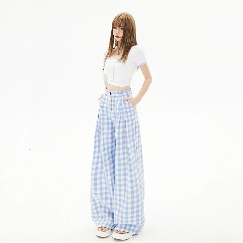Retro high waisted loose wide leg pants look slim, checkered casual pants, women's lazy style, spring and summer new items