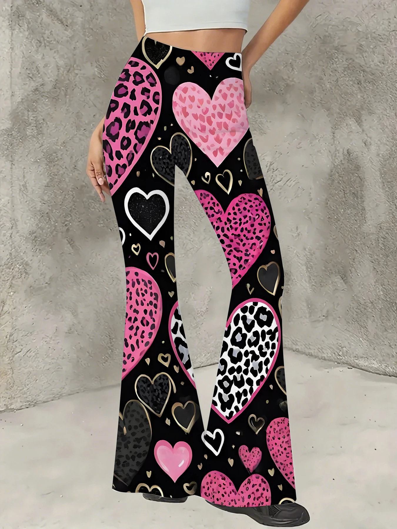 

Retro Printed Flare Pants Women High Waist Polyester Knit Bell Bottom Trousers