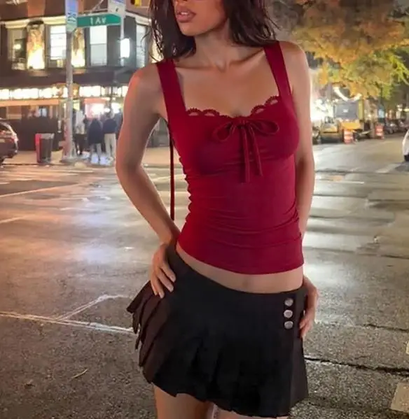 

Women's Vest Summer New European American Fashion Sexy Style Lace Splicing Collar Bow Stickers Waist Sleeveless Tank Top