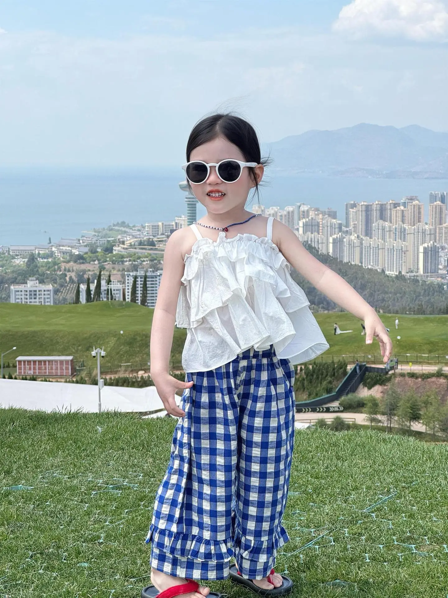 2026 summer girls Korean white strapless cake camisole+blue grid fungus edge pants legs wide leg pants