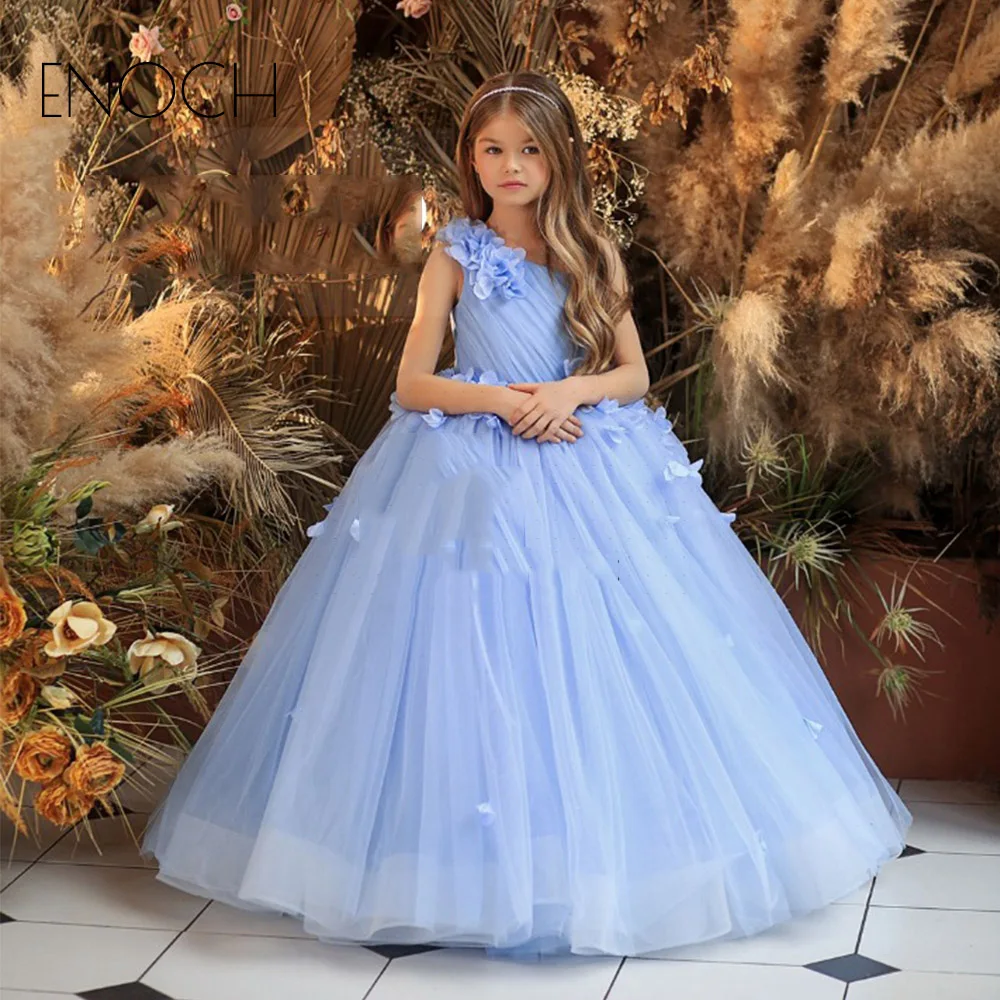 Enoch One Shoulder Organza Flower Girl Dresses Kids 3D Flower Sleeveless Pleat Floor Length Birthday Party Formal Gowns Robes