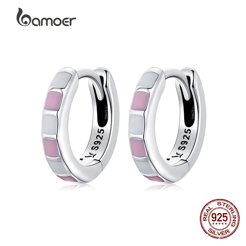 BAMOER 925 Sterling Silver Pink Hoop Ear Buckle Enamel Pink White Simple Check Buckles Earrings for Women Trend Fashion Jewelry