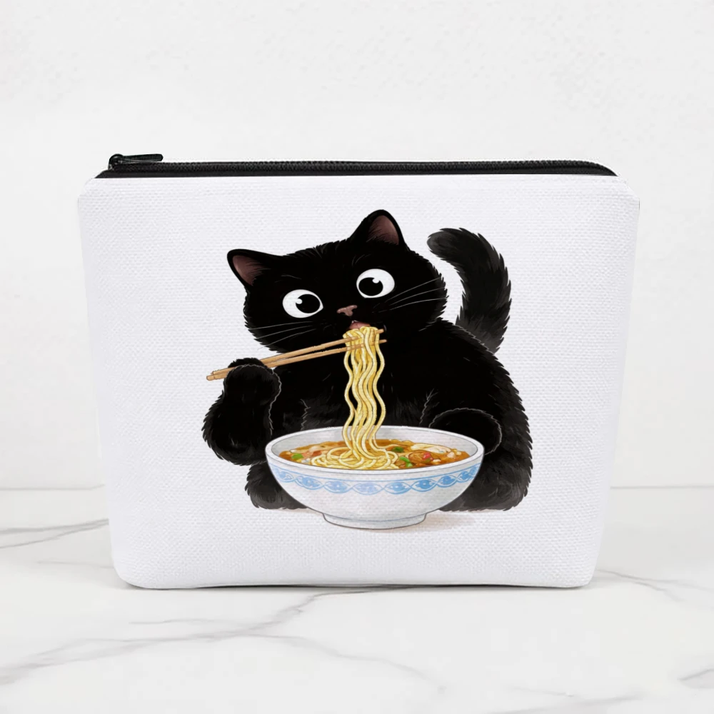 Black Cat Eating Noodles Bowl Makeup Bags for Girls Cosmetic Pouch Toiletry Bag Pencil Case Travel Storage