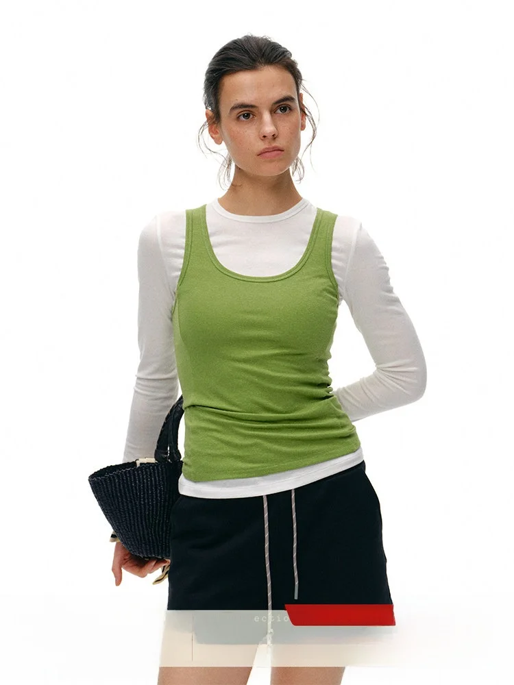 

Slim Fit Long Sleeve round Neck T-Shirt Women's Base Layer Shirt Color Block Overlap Early Spring Vest Top New Arrival