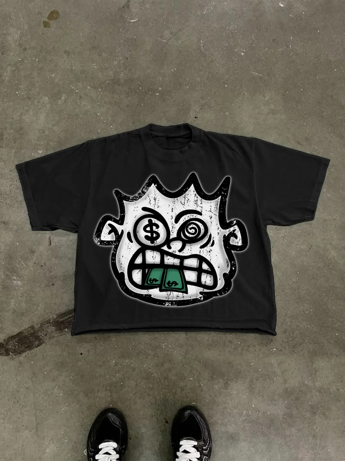 Summer Harajuku Vintage Short Sleeve Cotton T-shirt Abstract Money Cartoon Big Head Graphic Print Streetwear Men Women Tee Tops