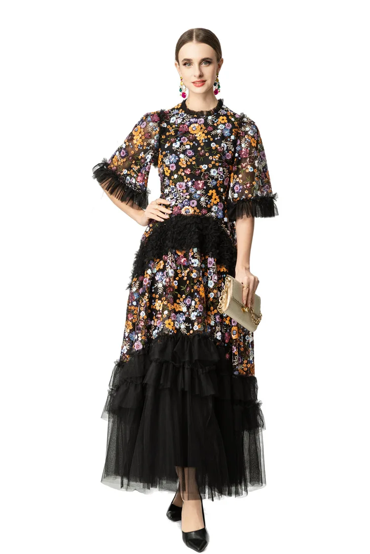 Women's Black Sequined Floral Embroidered Ruffle Tulle Maxi Dress, Elegant High Neck Gown with Tiered Skirt for Evening Party view 5
