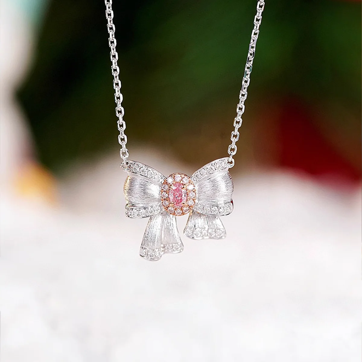 

Ожерелье из чистого серебра S925 Ins с розовым бриллиантом и бантом, трехмерный матовый рождественский подарок
