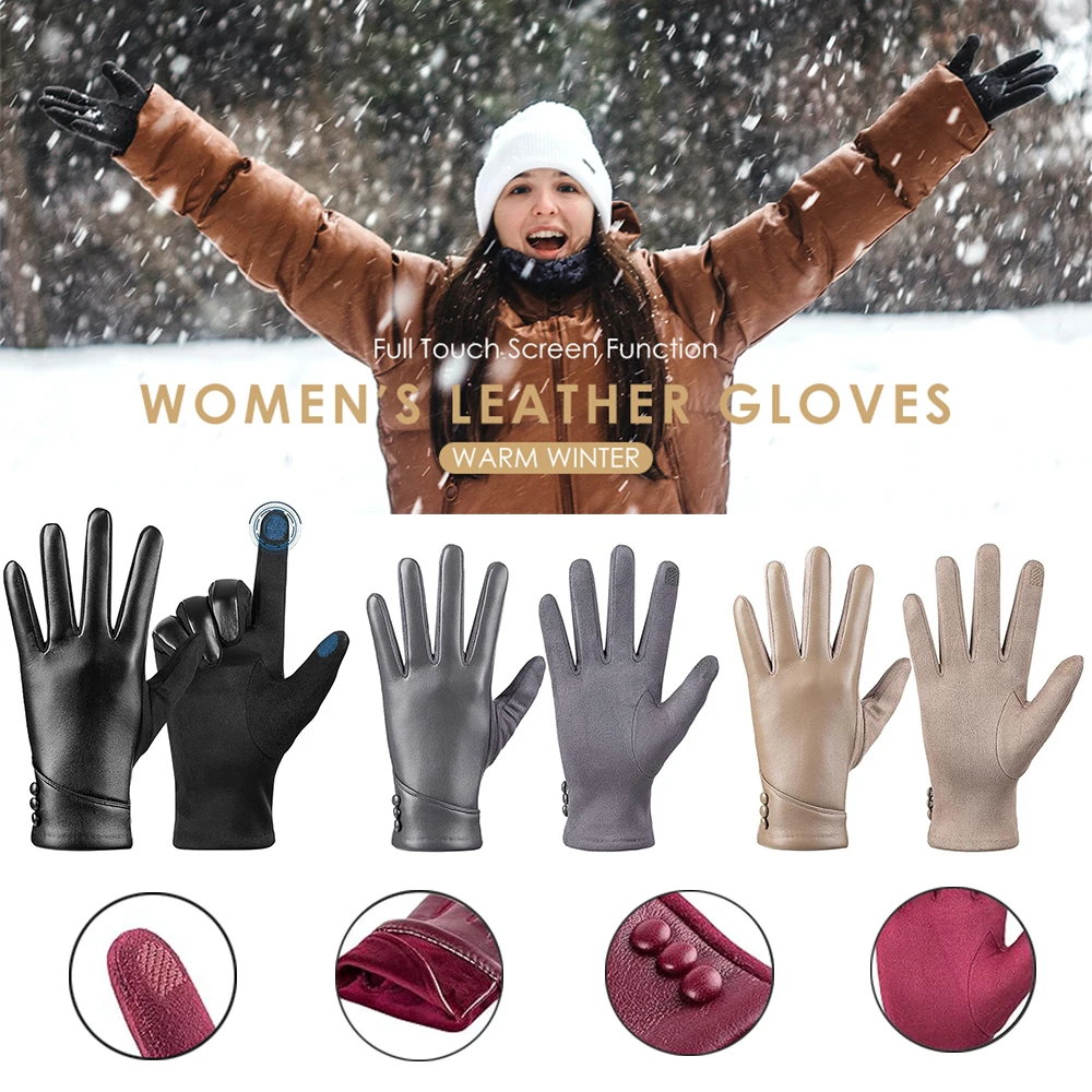 Women Leather Gloves Touch Screen Wool Lined Windproof Warm Suede Fashion Mittens Guantes