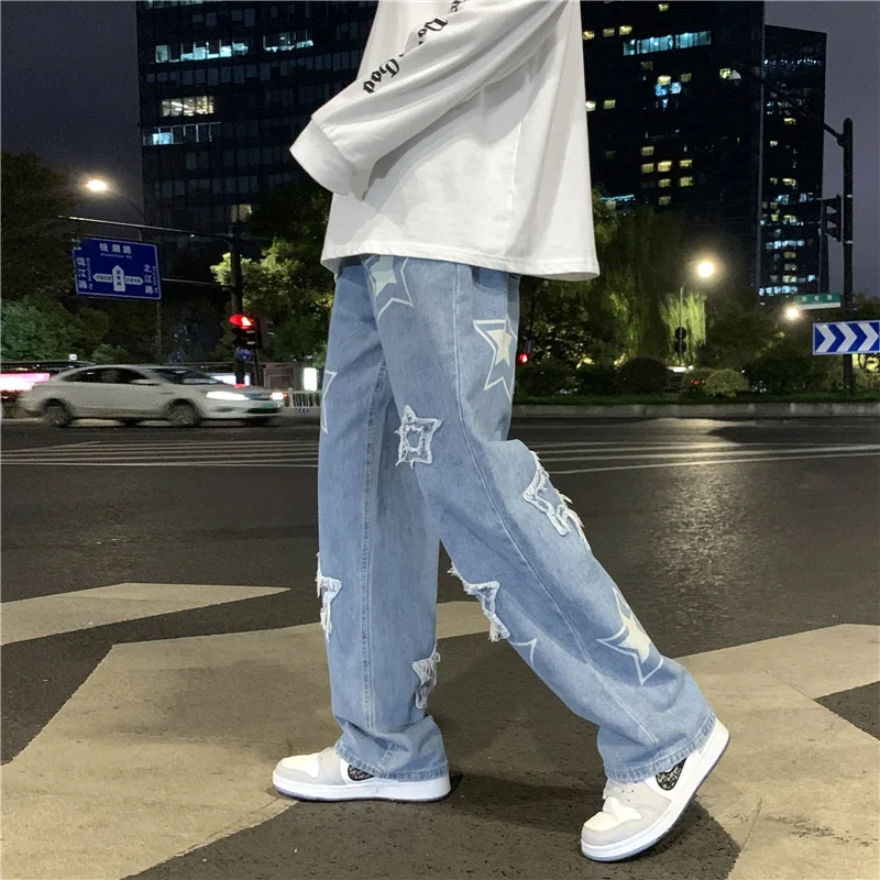 

Four Seasons New Fashion Men's Casual Trendy Washed Vintage Star Printed Loose Wide Leg Jeans Pants American High Street Pants