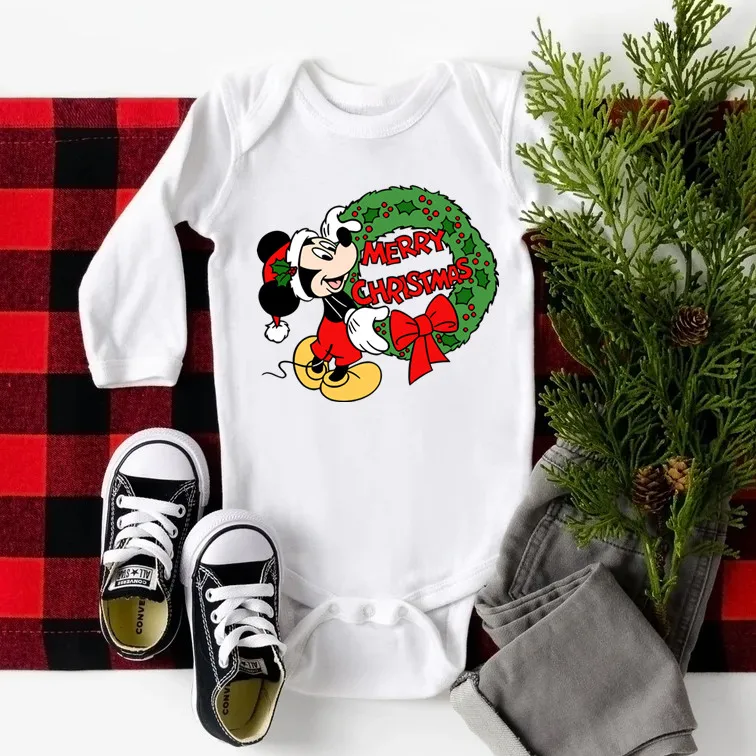 جميل عيد الميلاد ميكي ماوس الطفل ارتداءها طويلة الأكمام القطن الأبيض الخريف الملابس الوليد بذلة