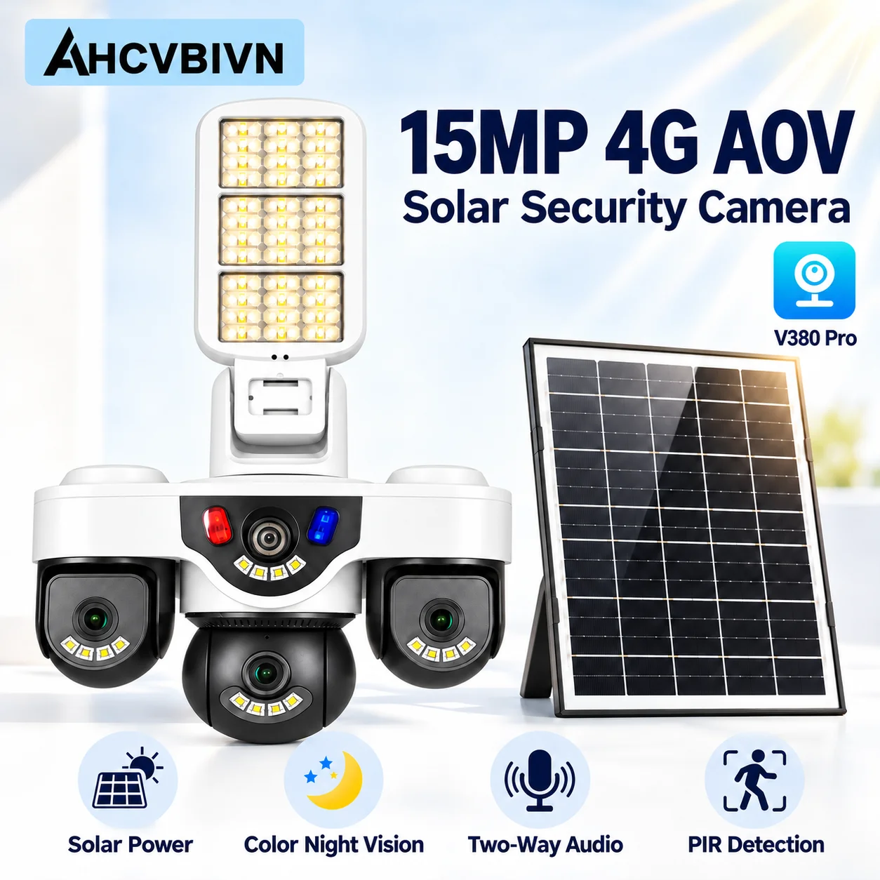 15MP 3‑Lens AOV 4G Solar Security Camera  3‑Screen Simultaneous Monitoring Red‑Blue Strobe Alarm Outdoor PTZ Surveillance Cam