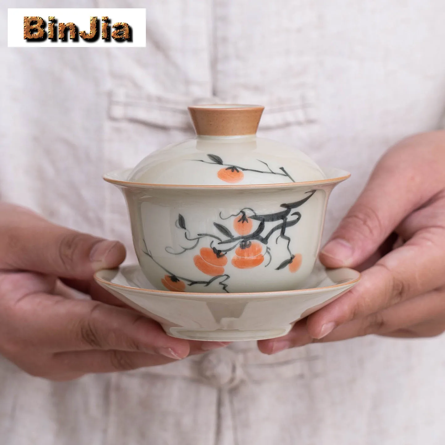 

130 мл Раскрашенная вручную хурма Гайвань Элегантная чайная чаша с крышкой Набор для заваривания чая Крышка Чаша Кунг-фу Чайный сервиз Украшения