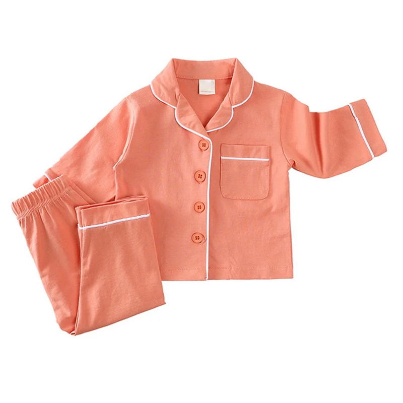 Children Cotton Pajama Set Spring Solid Long Sleeve Lapel Two-Piece Sleepwear Infant Toddler Kids Classic Nightwear Loungewear