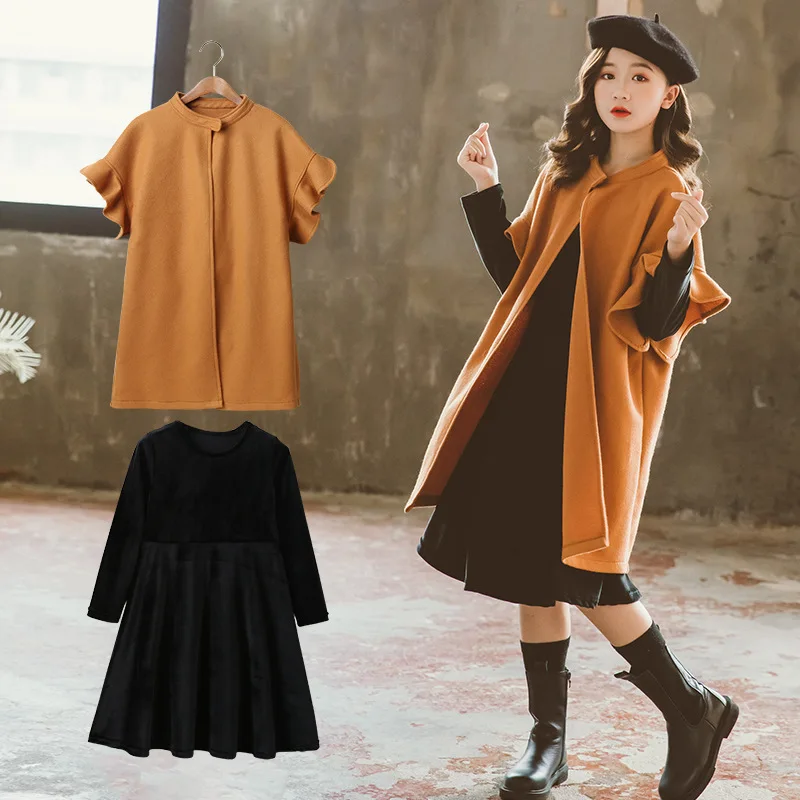 

2025 корейских осенних детских комплектов для девочек, комплект из 2 предметов, пальто для маленьких девочек, платье с длинными рукавами для девочек, однотонное пальто для маленьких девочек