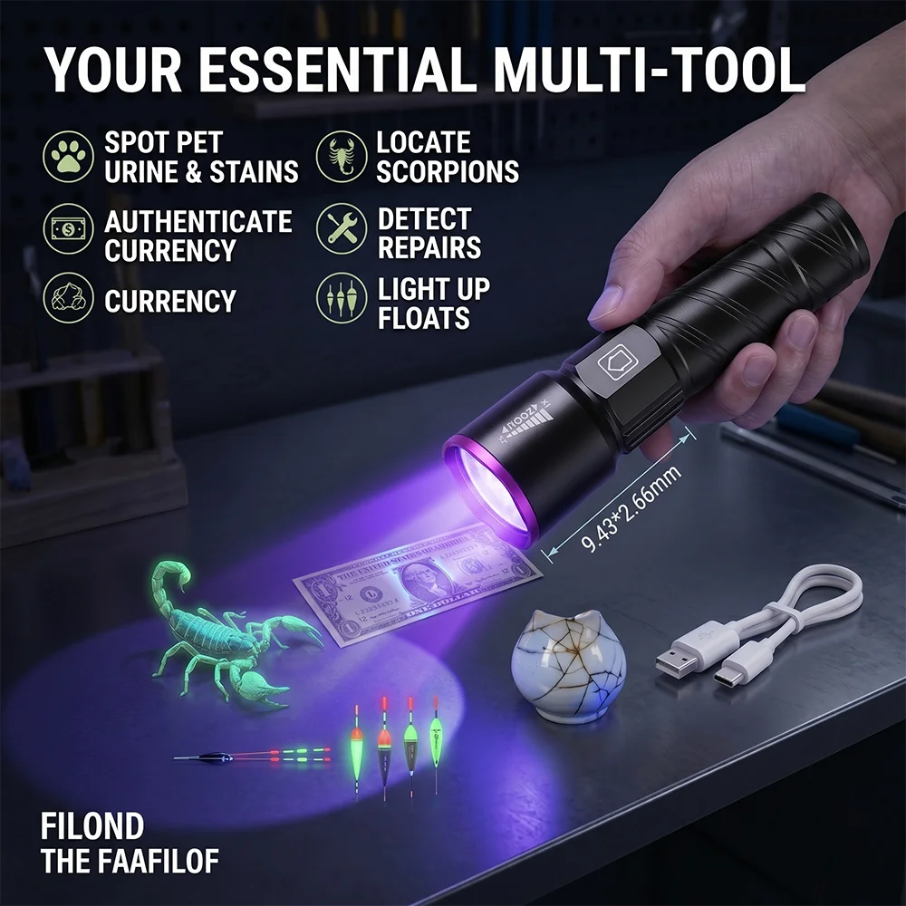 395nm UV Flashlight Type-C USB Rechargeable Blacklight Zoomable Pet Urine Detector Scorpion Catcher Lamp IPX4 Waterproof
