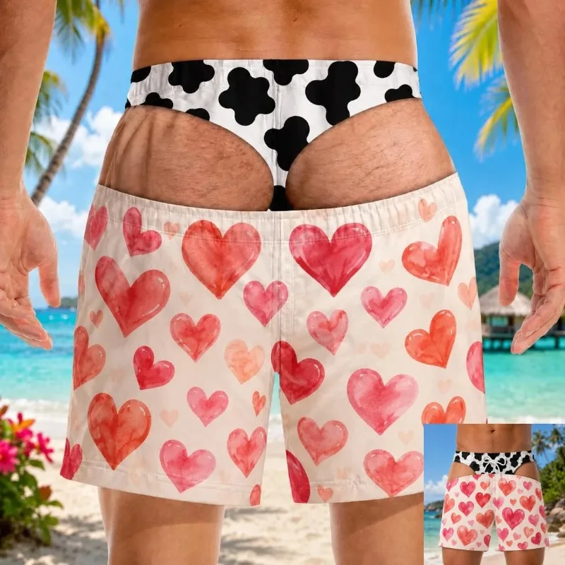 Watercolor Red Pink Heart 3D Print BoardShortsQuick‑DryDrawstringNovelty Prank BeachShortsforSummerPoolVacationHilariousGagGift