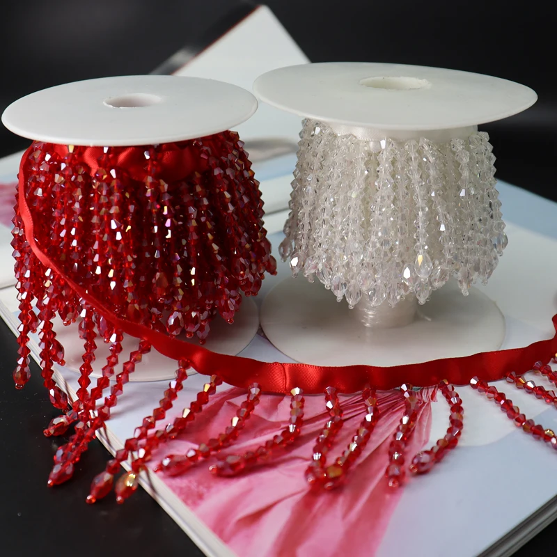 50cm Shiny Red White Fringed Trim Crystal Tassle Beaded Lace Ribbon Sewing Dance Clothing Edge Curtain Headwear Pendant Tassels