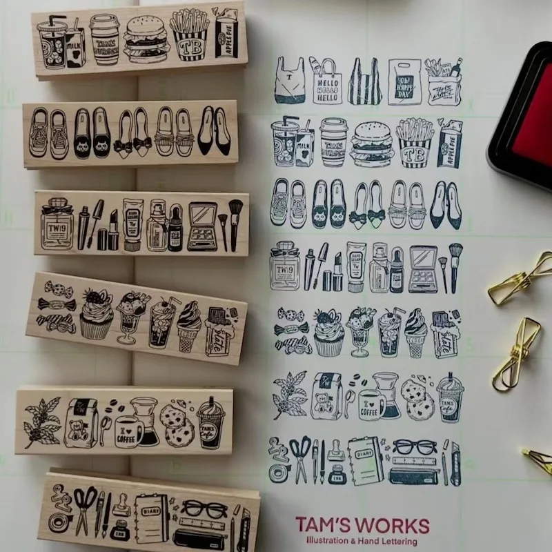 Künstlerische Scrapbooking-Holzstempel mit niedlichen Alltagsobjekten für Junk Journals, Kaffee-, Getränke- und Lebensmittelthemen-Siegelstempel. – Detail 1