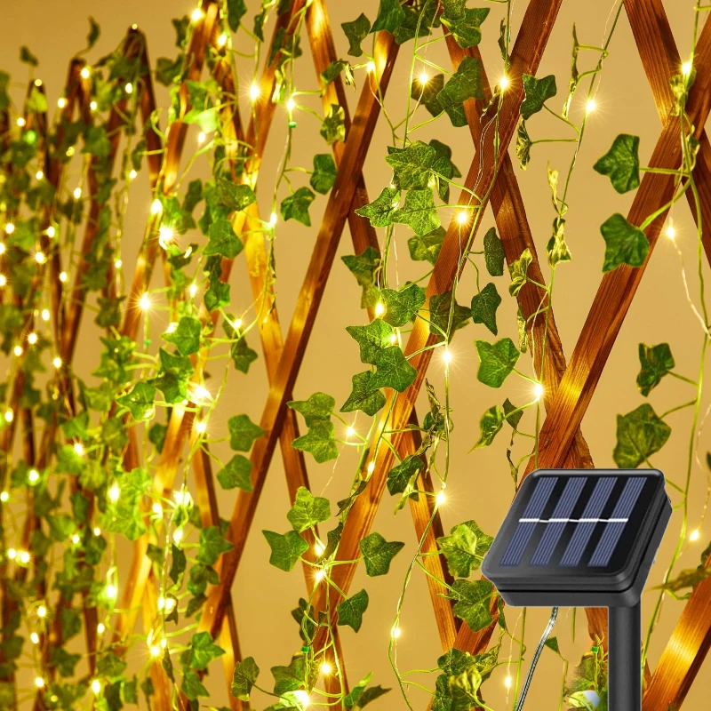 LED Maple Leaf Solar Lights Artificial Garland Ivy Green Leaves Hanging Plants for Outdoor Garden Party Wedding Wall Decoration