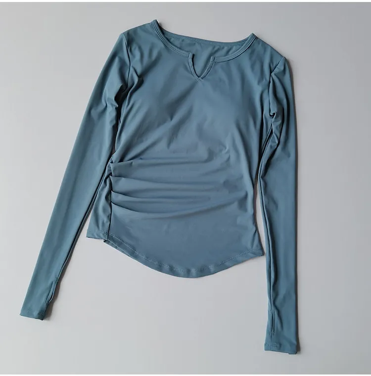 Damen V-Ausschnitt Eng Anliegendes Sexy Yoga-Oberteil Schnelltrocknend Schlankmachendes Fitness-Lauf-T-Shirt Lässiges Sport-Langarm-Mode-Top – Detail 7