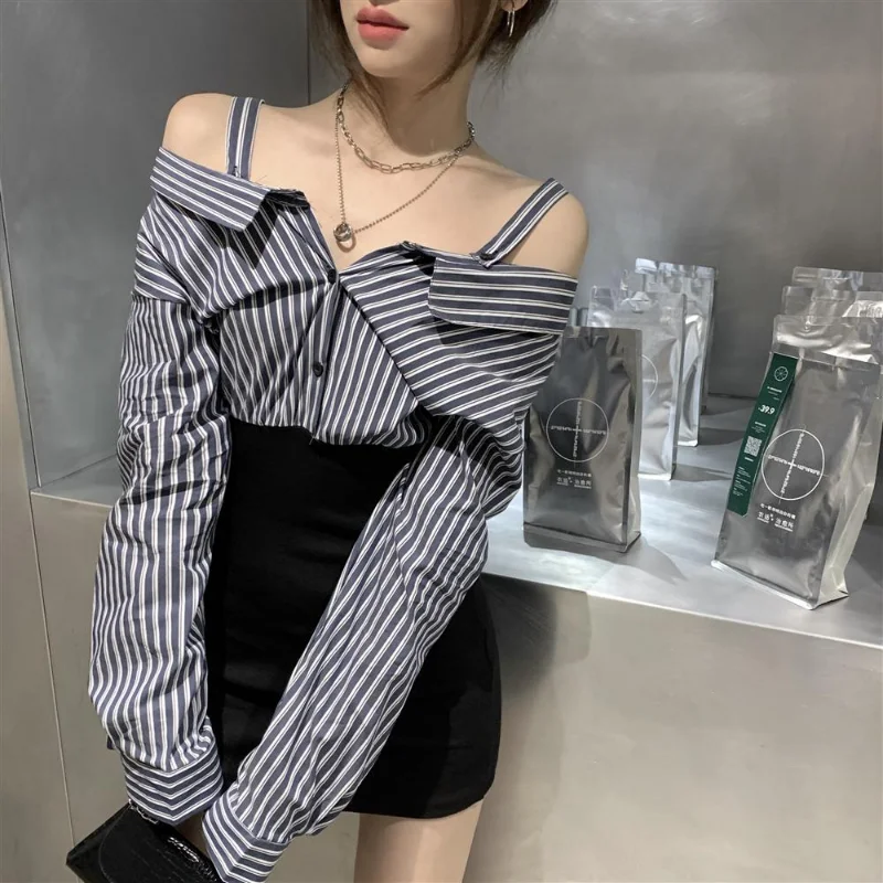 Sexy Fake Two Pieces Blouse Spring Summer New Long Sleeve Off Shoulder Striped Shirt Tops Trend Street Casual Women Clothing