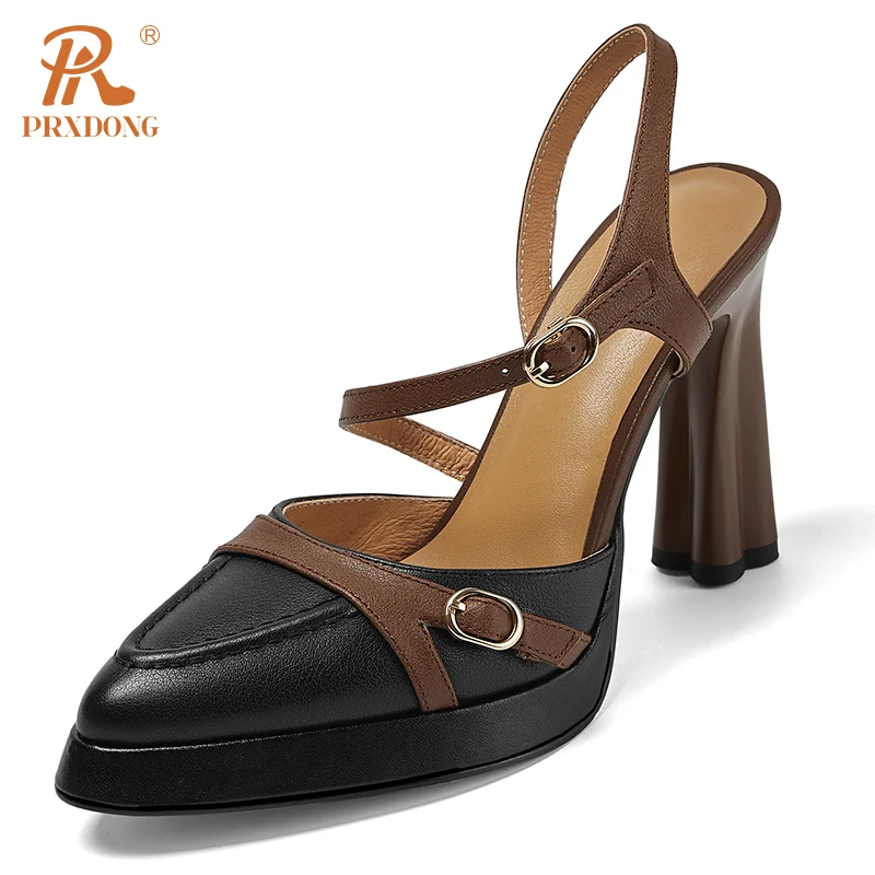 PRXDONG Women\'s Shoes New Genuine Leather Summer Dress Party Office Lady Pumps High Heels Platform BlacK Beige Retro Female 39