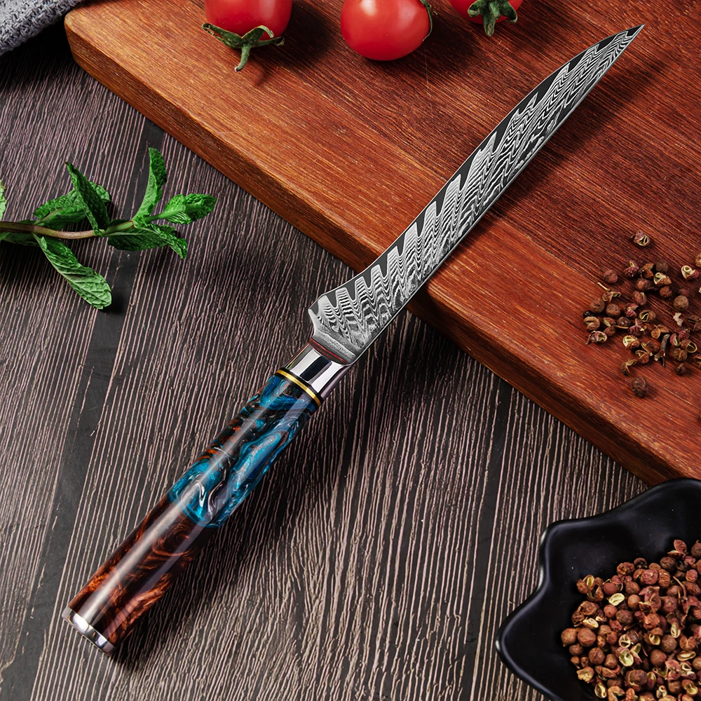 YAN 6 Inch Japanese Damascus Boning Knife 67 Layers VG10 10Cr15CoMoV Steel Composited Resin Brown Maple Burl Handle Chef
