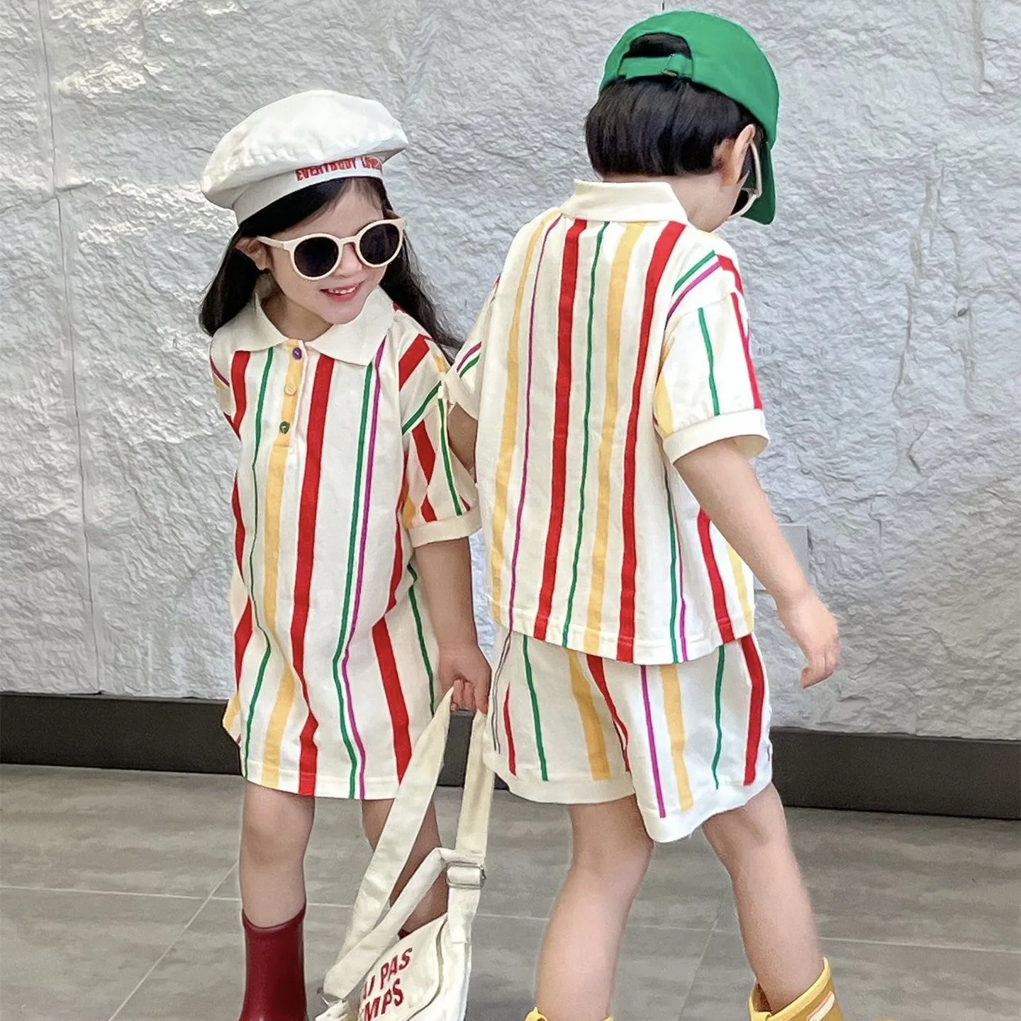 2024 Summer Korean Childrens Clothing Colorful Dress Short Sleeved Shorts Set for Boys and Girls Cute Designable Summer Clothes