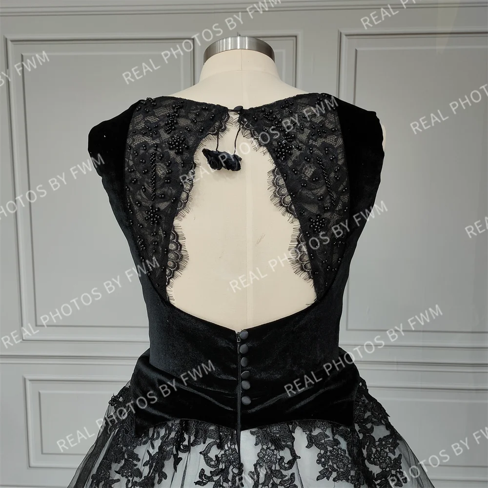 15448# Customzied Black Square Collar Appliques Beading Tulle Low Back A-line Wedding Dress Bridal Gown For Women Gothic Style