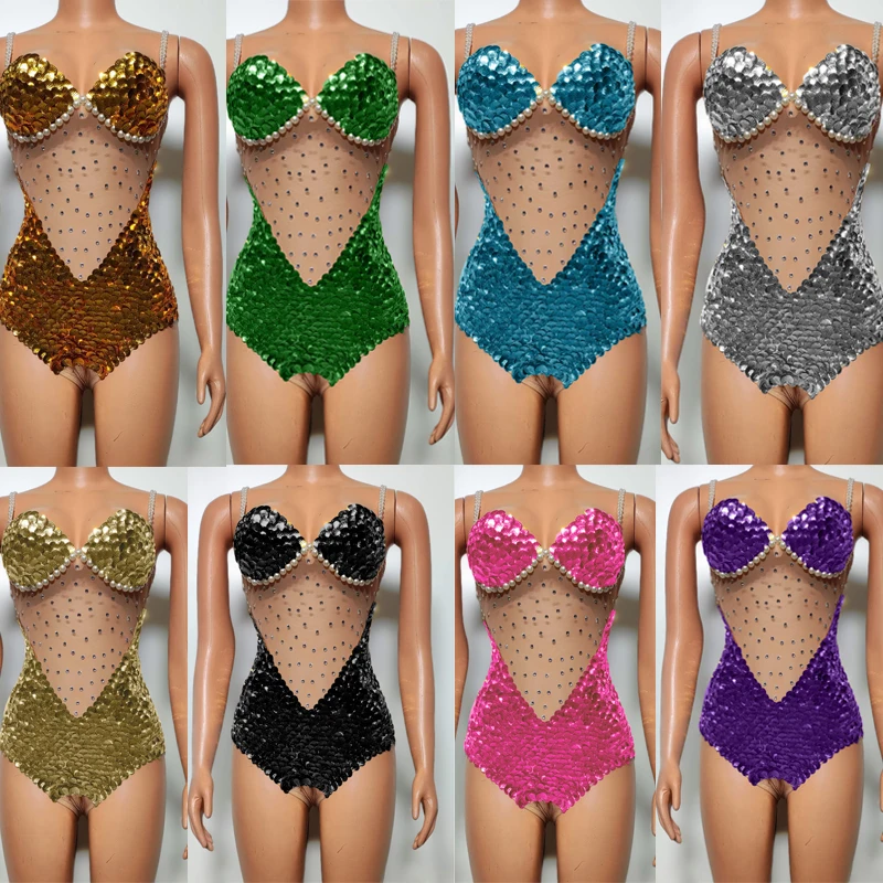 8 Colors Rhinestones Bodysuit Sexy Mesh Sequins Rompers Women Singer Celebrate Gogo Dancer Costume Stage Festival Outfit XS7674