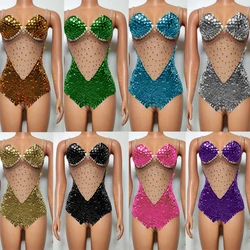 8 Colors Rhinestones Bodysuit Sexy Mesh Sequins Rompers Women Singer Celebrate Gogo Dancer Costume Stage Festival Outfit XS7674