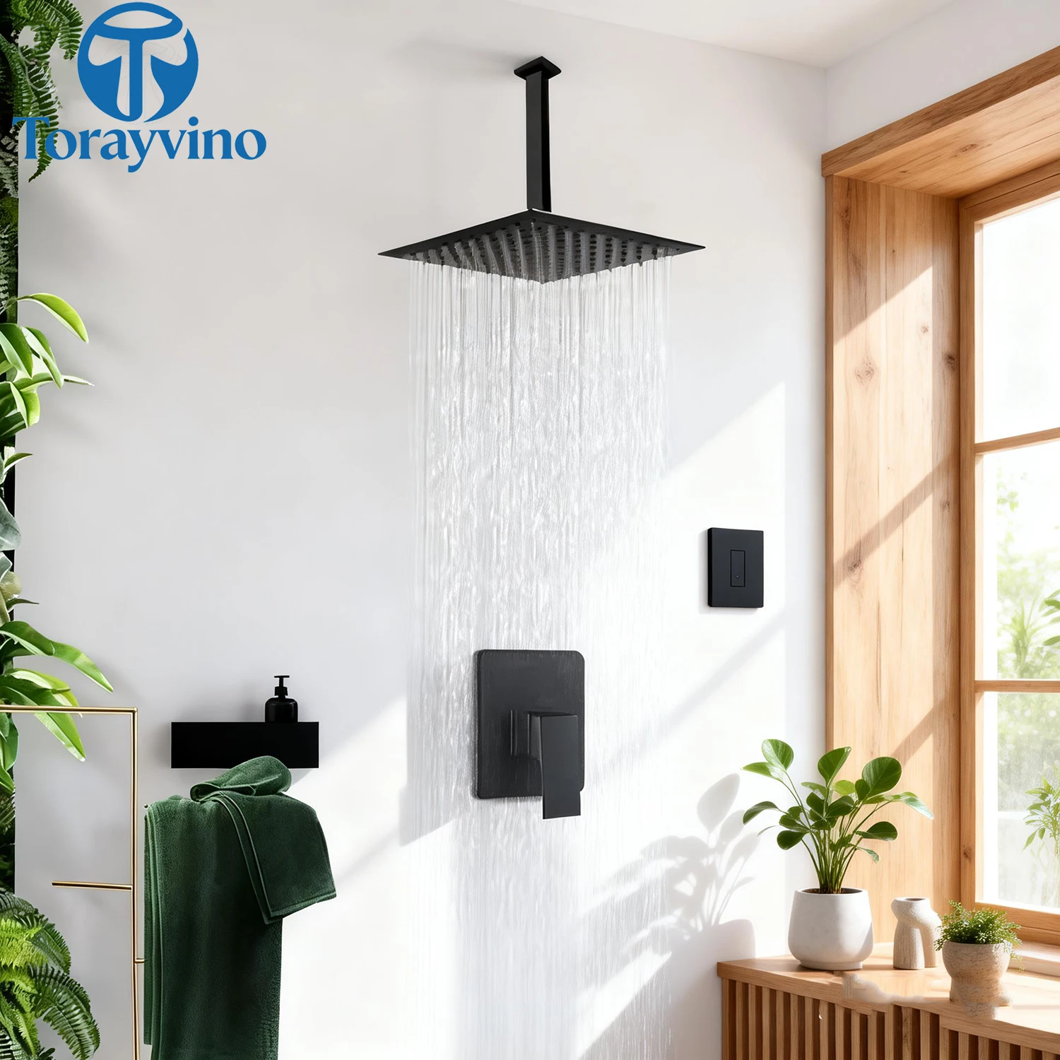 Torayvino Matte Black Bathroom Rainfall Square Shower Head With Arm Combo Bathtub Wall Mounted Shower Mixer Water Faucet Set