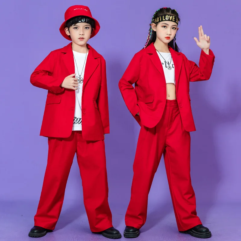 Teen Boys Girls Hip Hop Dance Suit Set Trend Red Performance Blazer Pants 2-piece School Kids Jazz Show Costume Child Streetwear