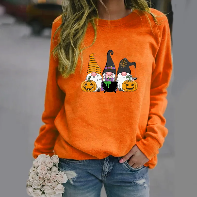 Cute Gnome Pumpkin Harajuku Pattern Pullover Women's Fashion Halloween Long Sleeve Round Neck Sweatshirt Top