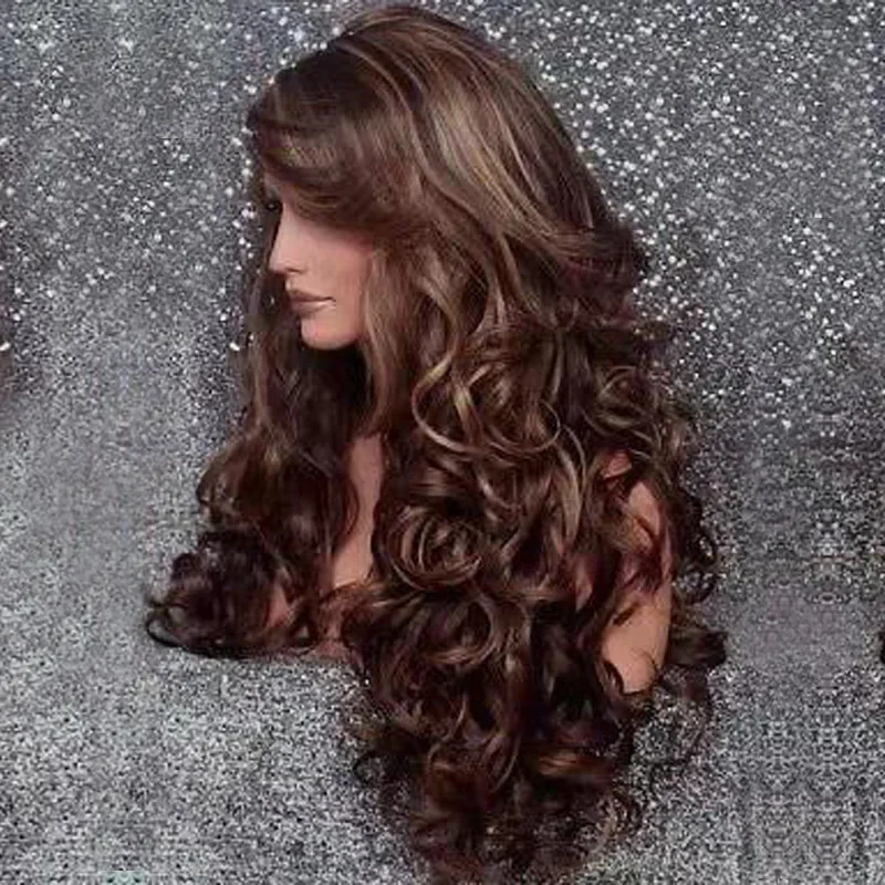 WHIMSICAL W Synthetic Curly Water Wave Hair Wigs With Bangs Long Dark Brown Natural Wig Women Fashionable Design Party Daily