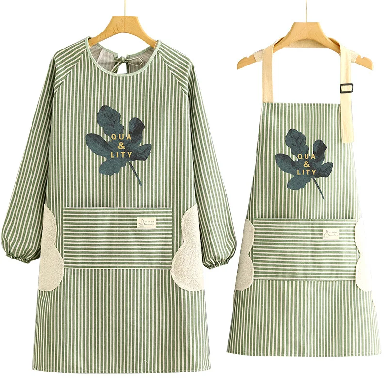 Cotton and Linen Long-sleeved Apron Kitchen Home Breathable Anti-fouling Cooking Apron Smock for Women