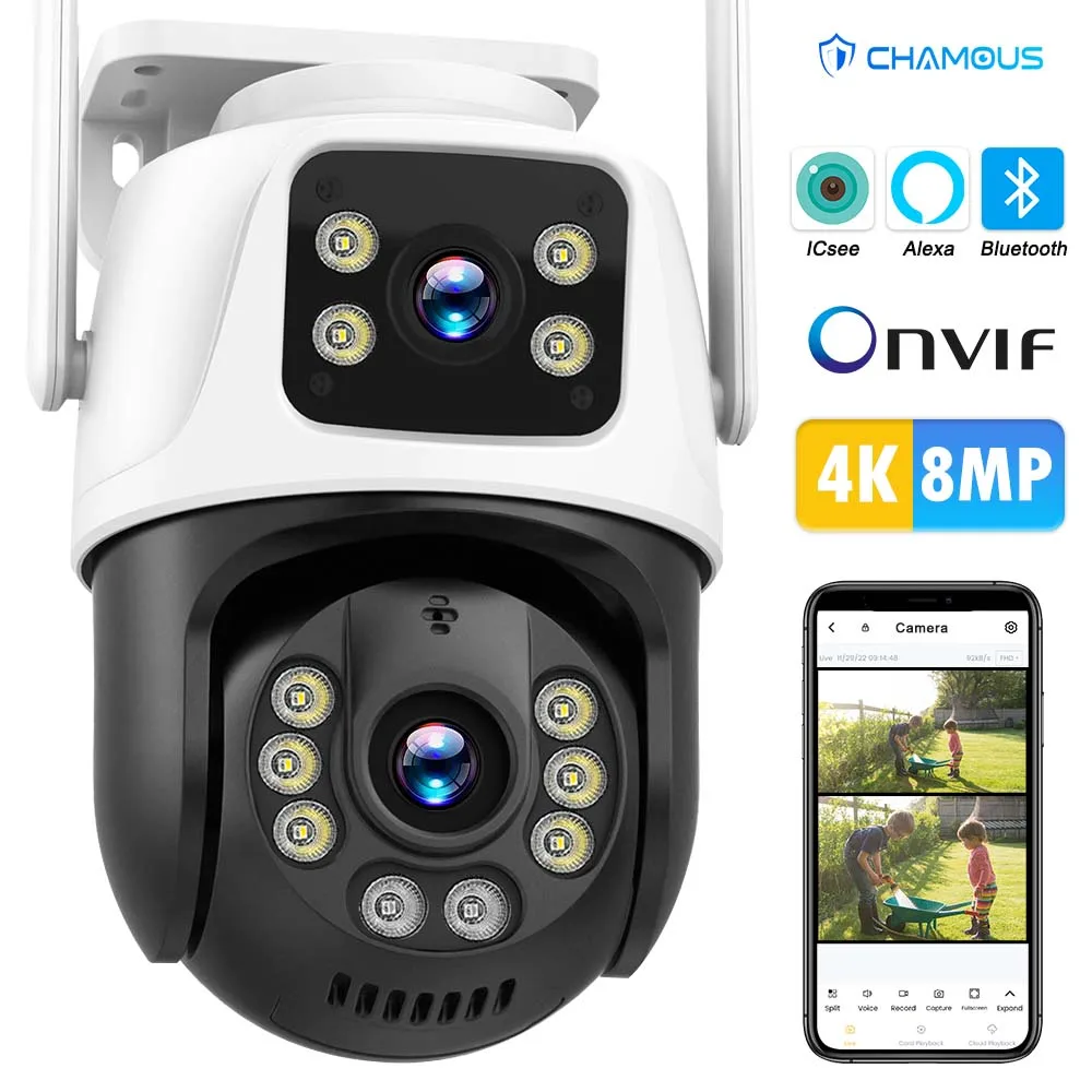 Kamera WiFi 4K, kamera IP 8 MP, podwójny obiektyw, podwójny ekran, ochrona bezpieczeństwa, śledzenie Ai, kamera PTZ, kamera CCTV, zewnętrzna kamera