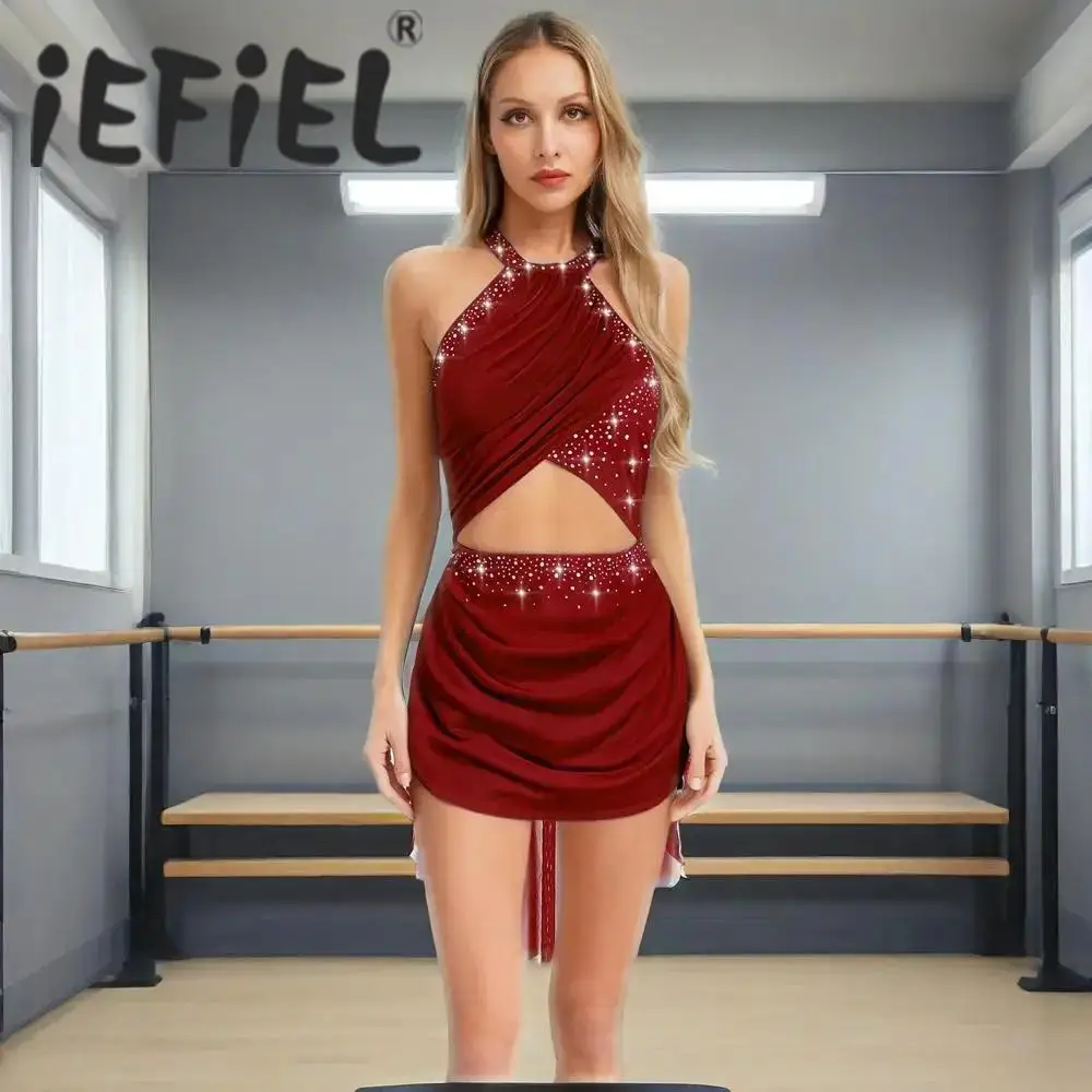 

Женское балетное лирическое танцевальное платье без рукавов с вырезом на бретельках и открытой спиной, сетчатое горный хрусталь, гимнастическое лирическое трико, танцевальные костюмы