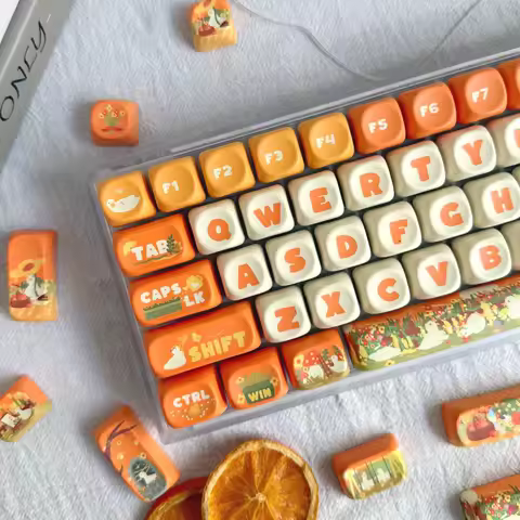 Orange Flowers and Ducks Cute Keycaps for Mechanical Keyboard MOA Key Caps Set PBT Keycap Custom Gaming Keyboard 61 68 75 78 104