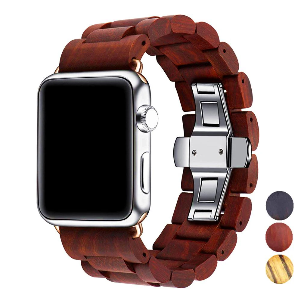 Wooden strap for Apple watch band 45mm 44mm 40mm 41mm 49mm 38mm Metal Butterfly clasp bracelet iwatch series 9 8 7 6 se ultra 2