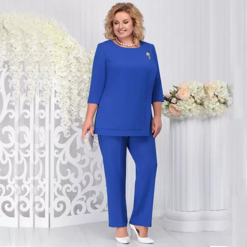 

Royal Blue Plus Size Mothers Pant Suits Bateau Neck Long Sleeves Pantsuits For Chiffon Groom Mother of the Bride Dress