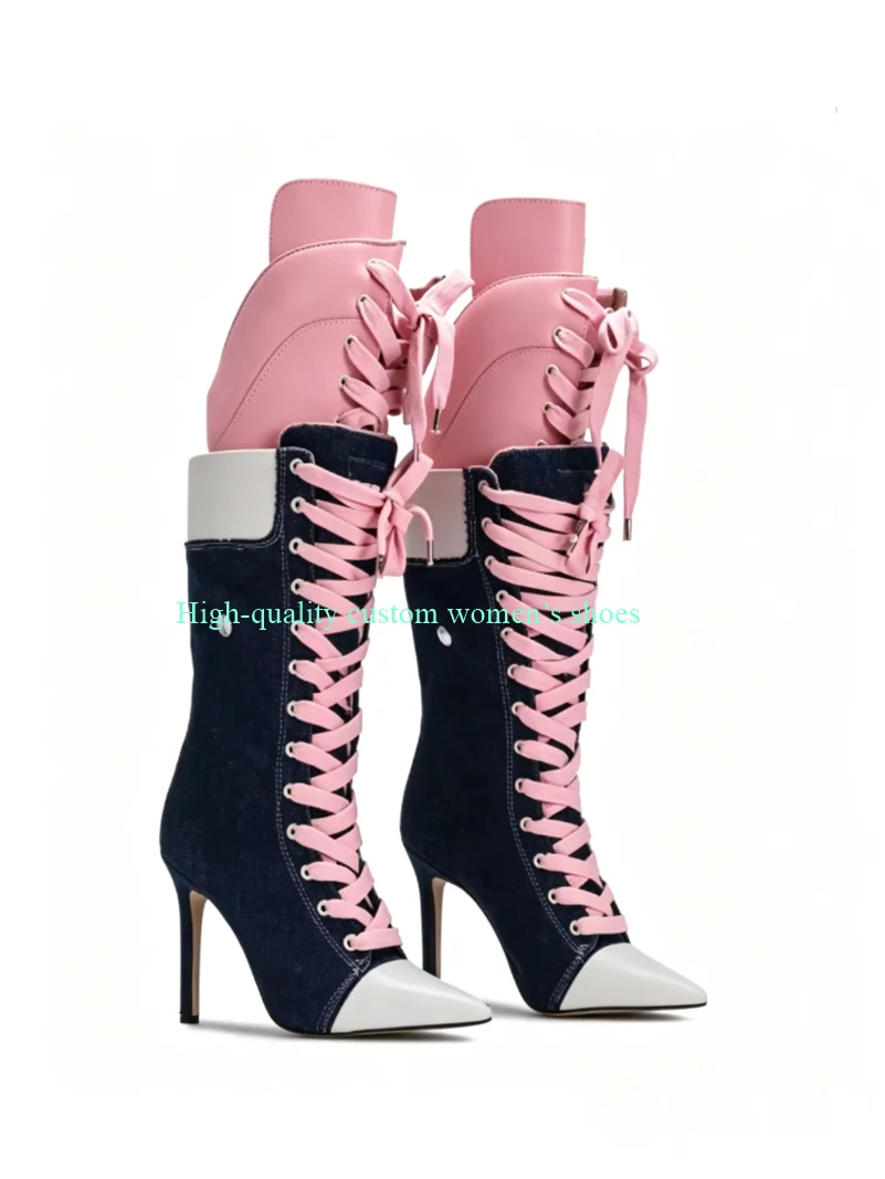 Pointed White And Denim Blue Color-Blocked Mid-calf Boots Athletic Style Stilettos Cross Straps Handmade Luxury Women's Shoes