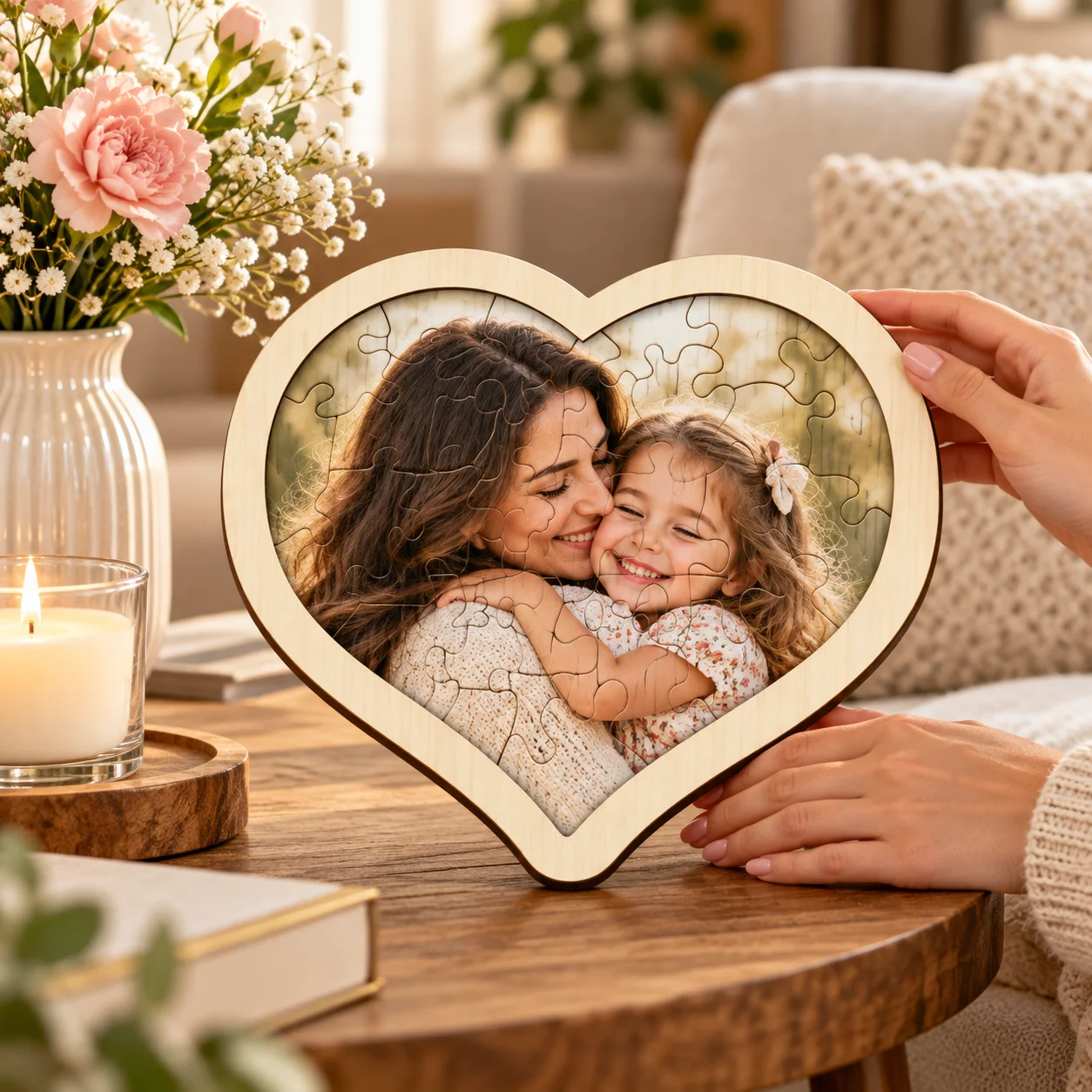 Personalized Wooden Heart Puzzle, Custom Photo Pattern Logo, Unique Wooden Jigsaw Puzzle Gift for Couples, Family, Wedding, Anni