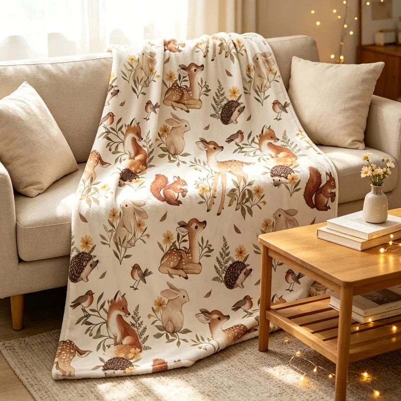 Decorative Woodland Animal Print Throw Blanket Fleece Throw Cozy Boho Forest Nursery Decor for Home Use