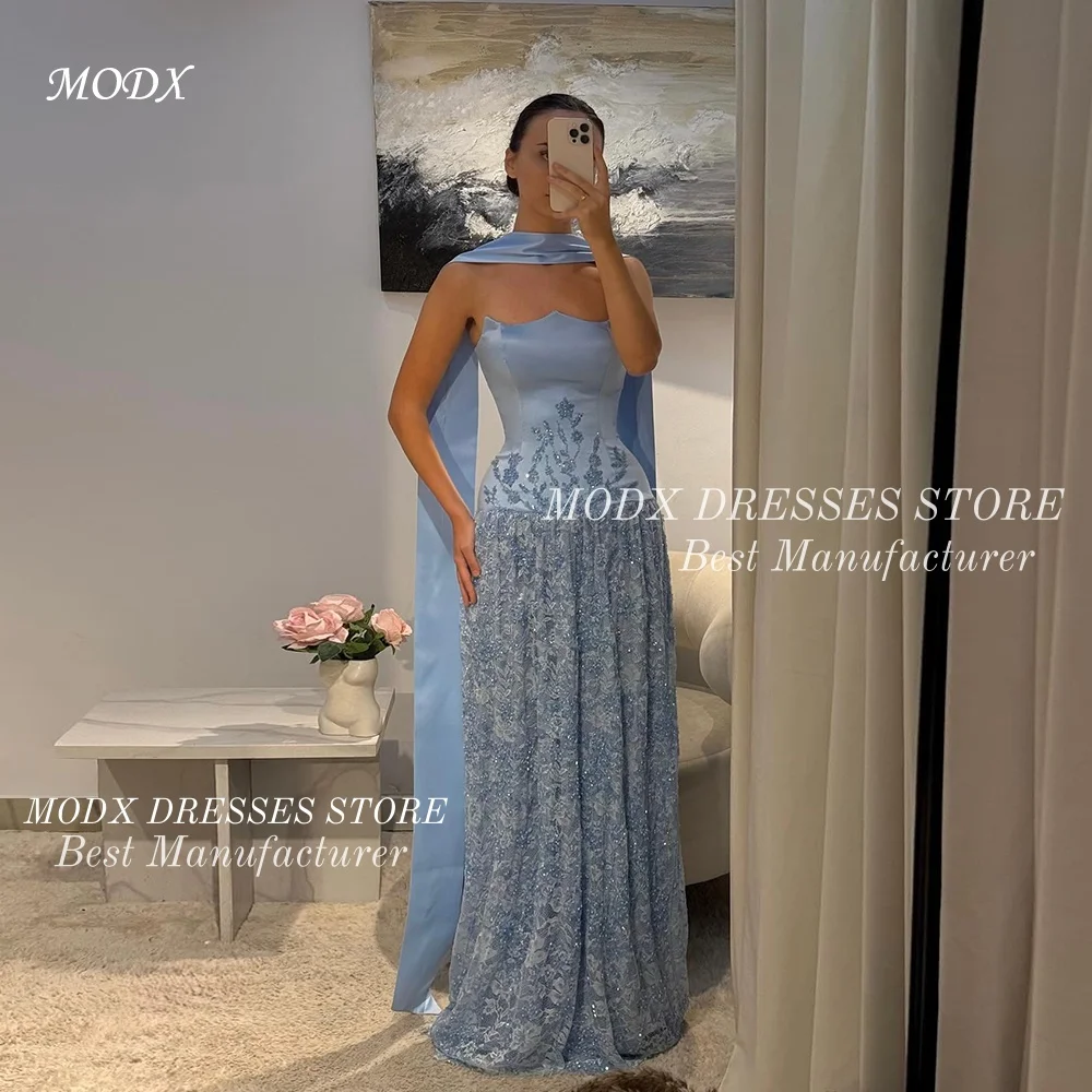

MODX Exquisite Beaded Blue A-Line Arabic Evening Dresses Customized Sleeveless Party Dress Formal Celebrity Gowns Quinceanera Dr
