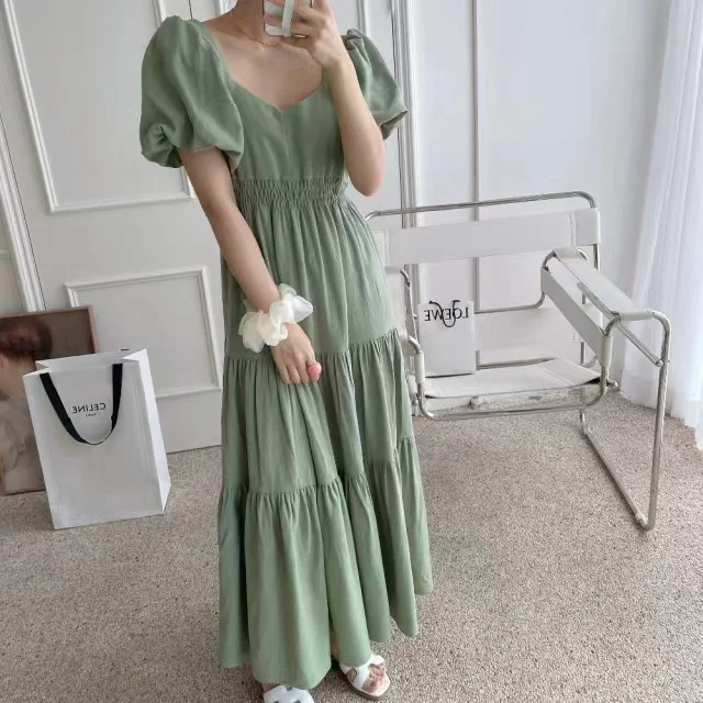 พัฟแขน Chic ฤดูร้อนชุดจีบยาวผู้หญิงแฟชั่นเกาหลีหลวมเสื้อผ้าฝ้ายผู้หญิงสุภาพสตรีชุด Vestidos