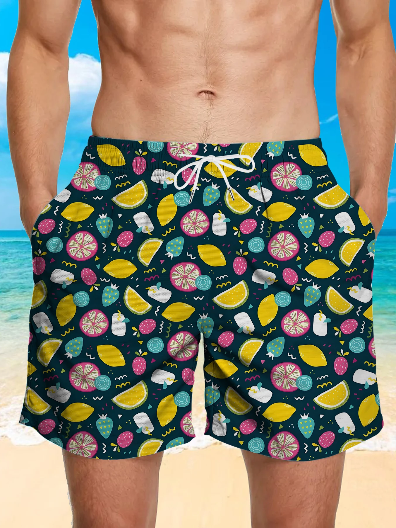 

Thin Section Quick Dry Polyester Shorts Men Full Digital Print Outdoor Beach Pants